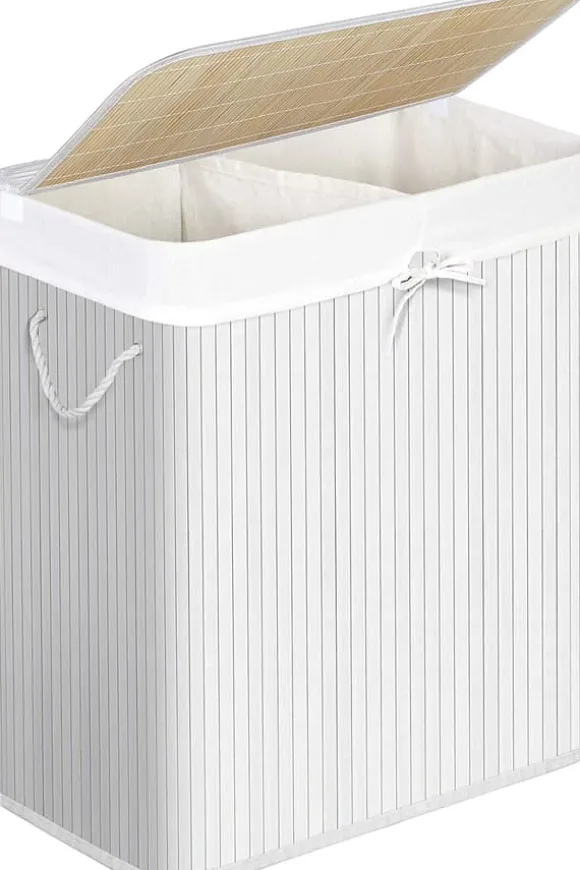Tvättkorg i bambu 100L med 2 fack, avtagbar påse, lock - Vit