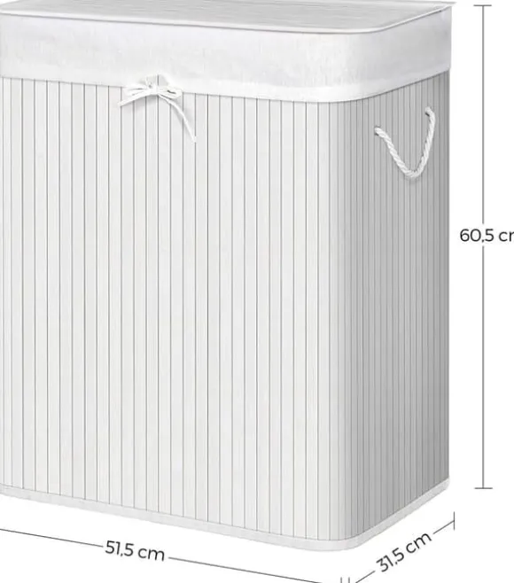 Tvättkorg i bambu 100L med 2 fack, avtagbar påse, lock - Vit