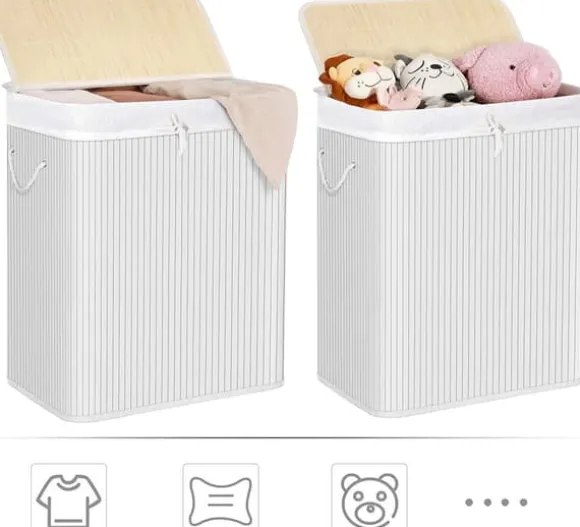 Tvättkorg i bambu 100L med 2 fack, avtagbar påse, lock - Vit