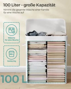 Tvättkorg 100 liter av bambu med lock och handtag vit