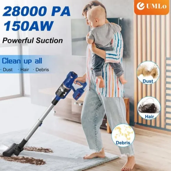 UMLo V11 blå sladdlös skaftdammsugare – 2-i-1 handdammsugare & golvdammsugare med HEPA-filter, 300W motor, LED-display