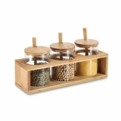 Uppsättning med 3 Burkar DKD Home Decor 31 x 11 x 10,5 cm Naturell Bambu Borosilikatglas