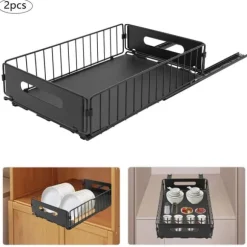 Utdragbar skåpsorganisatör - Förvaringskorgar - Rostbeständigt kolstål - 2-pack - Bärkapacitet 4–5 kg per korg - Mått 37,5×24,5×10 cm - Svart