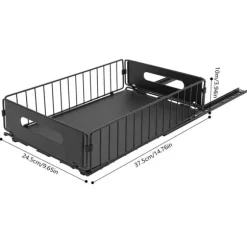 Utdragbar skåpsorganisatör - Förvaringskorgar - Rostbeständigt kolstål - 2-pack - Bärkapacitet 4–5 kg per korg - Mått 37,5×24,5×10 cm - Svart
