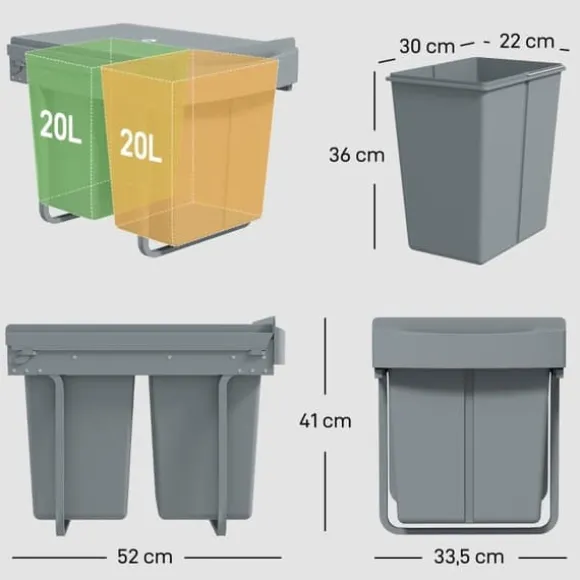Utdragbar soptunna, 2 x 20 L, avtagbara behållare, plast, metall, Grå