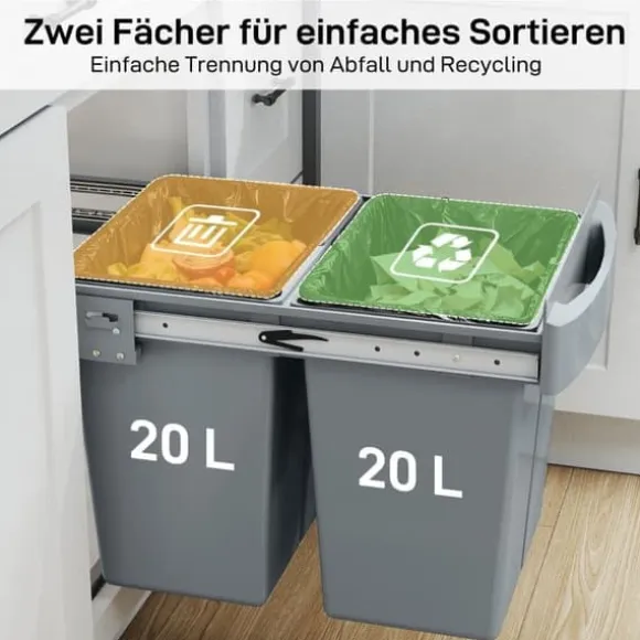 Utdragbar soptunna, 2 x 20 L, avtagbara behållare, plast, metall, Grå