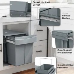 Utdragbar soptunna, 2 x 20 L, avtagbara behållare, plast, metall, Grå