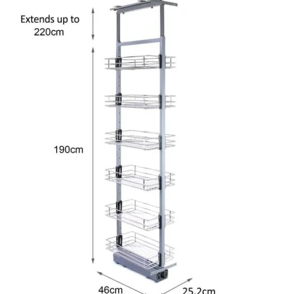 Utdragbart Köksskafferi med Justerbar Höjd (190-220 cm) | 46 cm (D) Mjukstängning Förvaring Trådkorgar