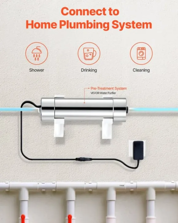 UV-vattenrenare - UV-vattenfilter - 8 W - 3,8 l/min (1 GPM) - 220 V - Hölje i rostfritt stål - Kvartshylsa - För hela huset