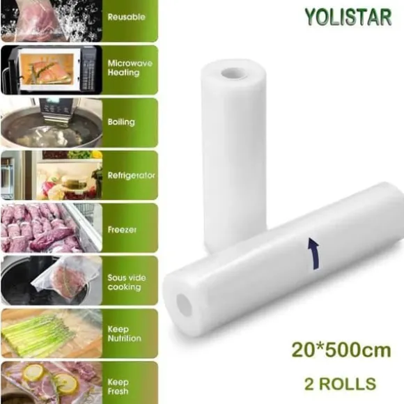 Vakuumpåsar Paket med 2 rullar 20x500cm, Matvakuumpåse för vakuumapparat, matsparare och sous vide