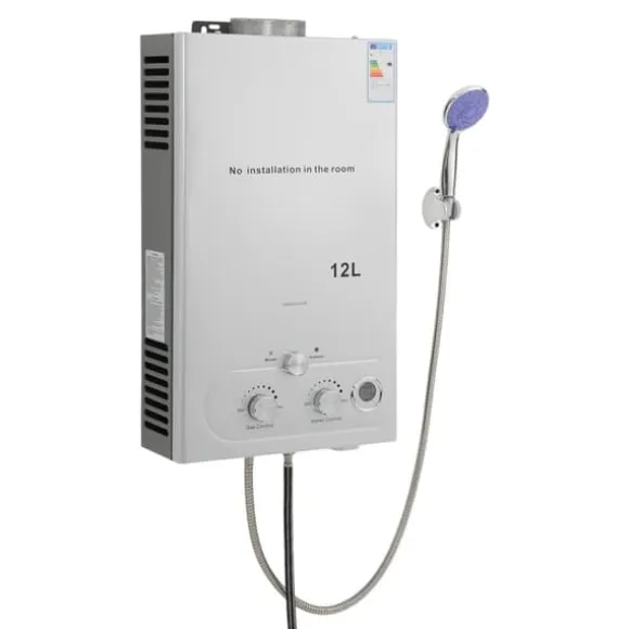 Varmvattenberedare utan tank - LPG - 12 L - 24 kW - 2800 Pa - Öppet avgassystem, automatisk rökgasevakuering - Auto el-pulständning 2×1,5 V
