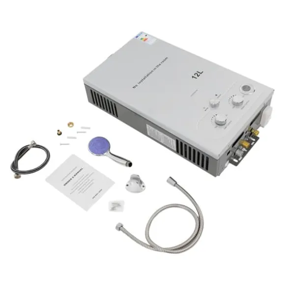 Varmvattenberedare utan tank - LPG - 12 L - 24 kW - 2800 Pa - Öppet avgassystem, automatisk rökgasevakuering - Auto el-pulständning 2×1,5 V
