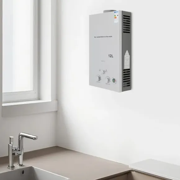 Varmvattenberedare utan tank - LPG - 12 L - 24 kW - 2800 Pa - Öppet avgassystem, automatisk rökgasevakuering - Auto el-pulständning 2×1,5 V