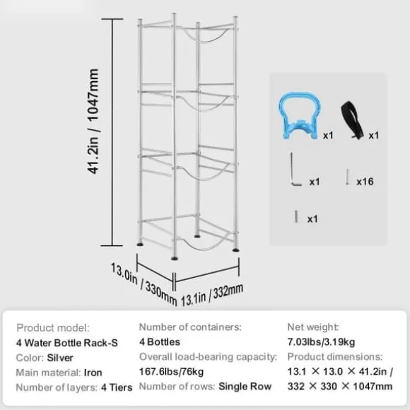 Vattenkannahållare 4-vånings, Enkelrads vattenflaskställ för 4 flaskor, Silver, hållbar design, kompakt och praktisk