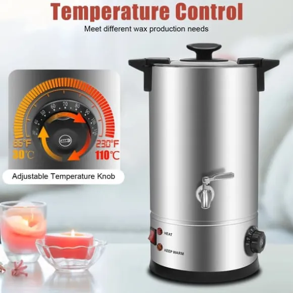 Vaxsmältare för ljus - Smältgryta med kran - 10 L - 304 Rostfritt Stål - Termostat 30–110 °C - 1800 W - 220–240 V - Silver