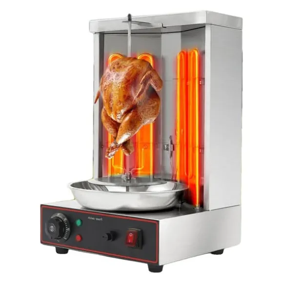 Vertikal Doner Grill, 3 kW Värmekapacitet, Justerbar Temperatur 50-300 °C, Mått 29,5 cm x 26,5 cm x 48,5 cm, Rotationshastighet 6 RPM