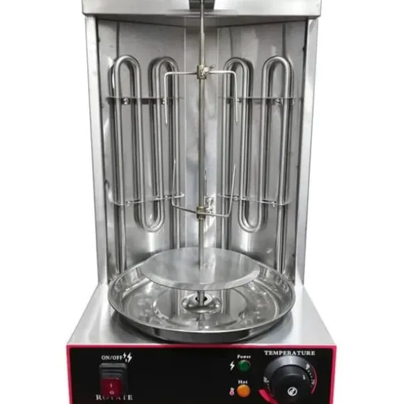Vertikal Doner Grill, 3 kW Värmekapacitet, Justerbar Temperatur 50-300 °C, Mått 29,5 cm x 26,5 cm x 48,5 cm, Rotationshastighet 6 RPM