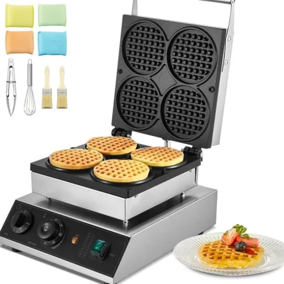 Våffelmaskin 4ST, Kommersiell Rund, 1750W, Non-stick, Snabb uppvärmning, Långvarig hållbarhet, Enkel rengöring