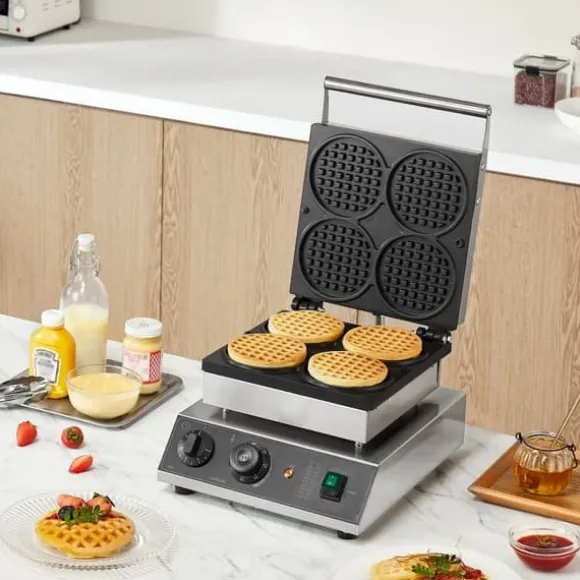 Våffelmaskin 4ST, Kommersiell Rund, 1750W, Non-stick, Snabb uppvärmning, Långvarig hållbarhet, Enkel rengöring