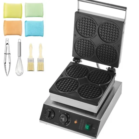 Våffelmaskin 4ST, Kommersiell Rund, 1750W, Non-stick, Snabb uppvärmning, Långvarig hållbarhet, Enkel rengöring