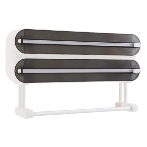Väggmonterad Dispenser - 3‑i‑1 Rullhållare - Folie- och Plastfilmsdispenser - Hushållspappershållare - 2 Krokar - ≤15×28,5 cm - ABS + Aluminium