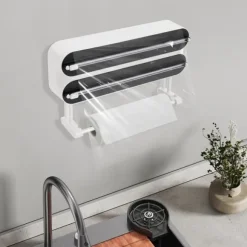 Väggmonterad Dispenser - 3‑i‑1 Rullhållare - Folie- och Plastfilmsdispenser - Hushållspappershållare - 2 Krokar - ≤15×28,5 cm - ABS + Aluminium