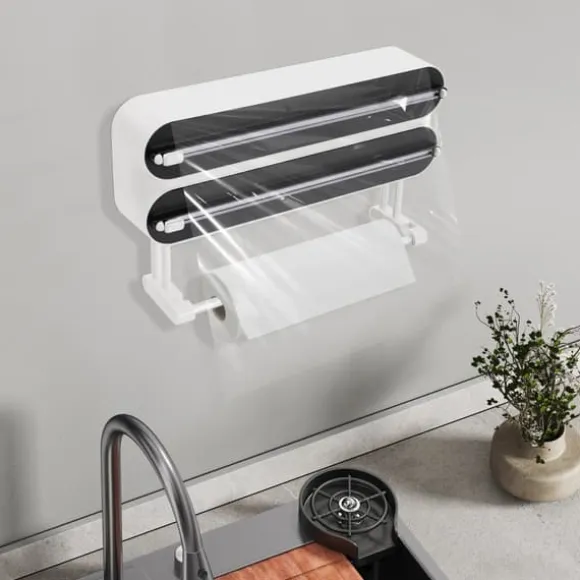 Väggmonterad Dispenser - 3‑i‑1 Rullhållare - Folie- och Plastfilmsdispenser - Hushållspappershållare - 2 Krokar - ≤15×28,5 cm - ABS + Aluminium
