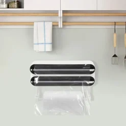 Väggmonterad Dispenser - 3‑i‑1 Rullhållare - Folie- och Plastfilmsdispenser - Hushållspappershållare - 2 Krokar - ≤15×28,5 cm - ABS + Aluminium
