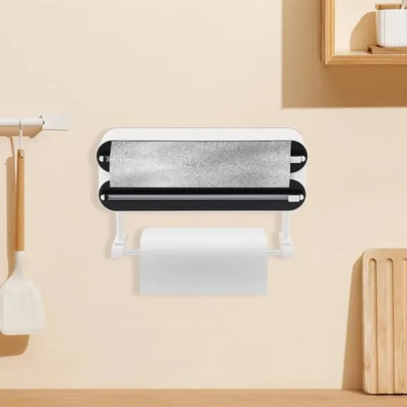 Väggmonterad Dispenser - 3‑i‑1 Rullhållare - Folie- och Plastfilmsdispenser - Hushållspappershållare - 2 Krokar - ≤15×28,5 cm - ABS + Aluminium