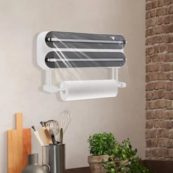 Väggmonterad Dispenser - 3‑i‑1 Rullhållare - Folie- och Plastfilmsdispenser - Hushållspappershållare - 2 Krokar - ≤15×28,5 cm - ABS + Aluminium
