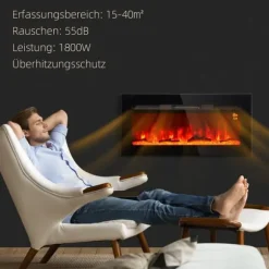 Väggmonterad elektrisk kamin med fjärrkontroll, konstgjorda vedträn och kristaller, 1800 W, svart