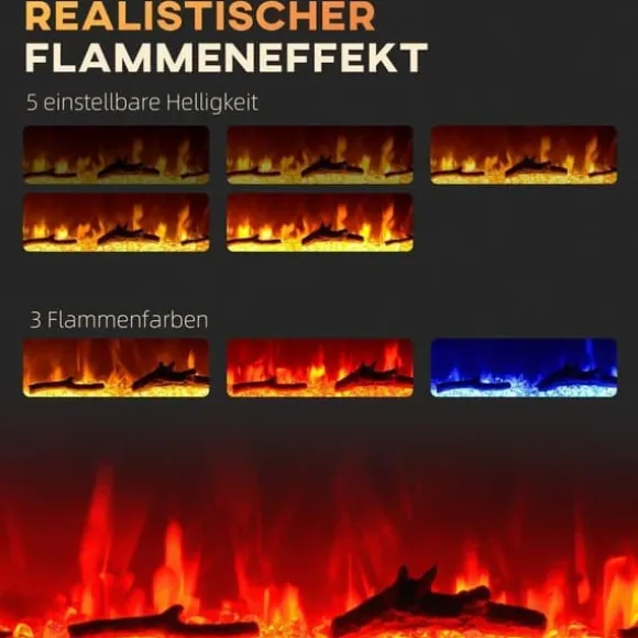 Väggmonterad elektrisk kamin med fjärrkontroll, konstgjorda vedträn och kristaller, 1800 W, svart