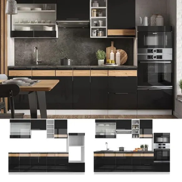 Vicco Fame-Line kök, Blank svart ek/vit, 280 cm