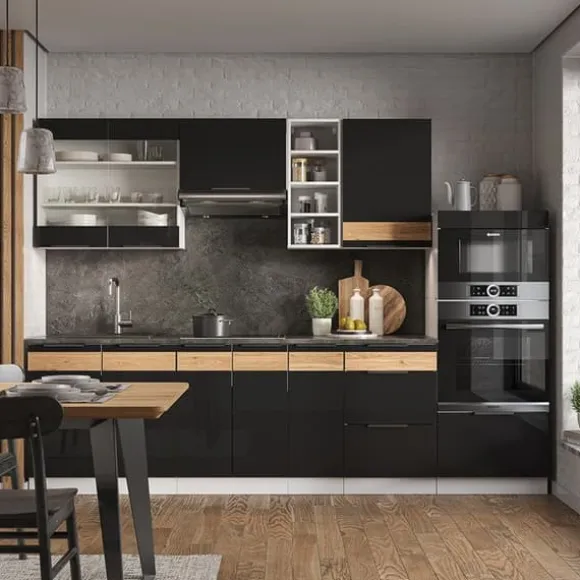 Vicco Fame-Line kök, Blank svart ek/vit, 280 cm