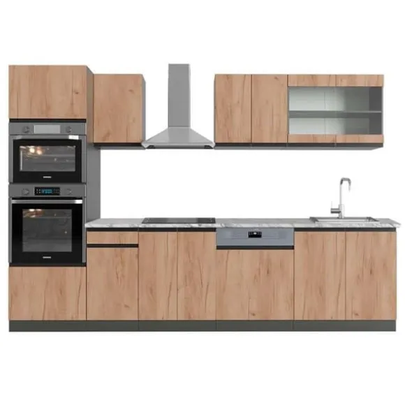 Vicco kök R-Line, Gyllene ek/antracit, 300 cm med högskåp, PT Marble