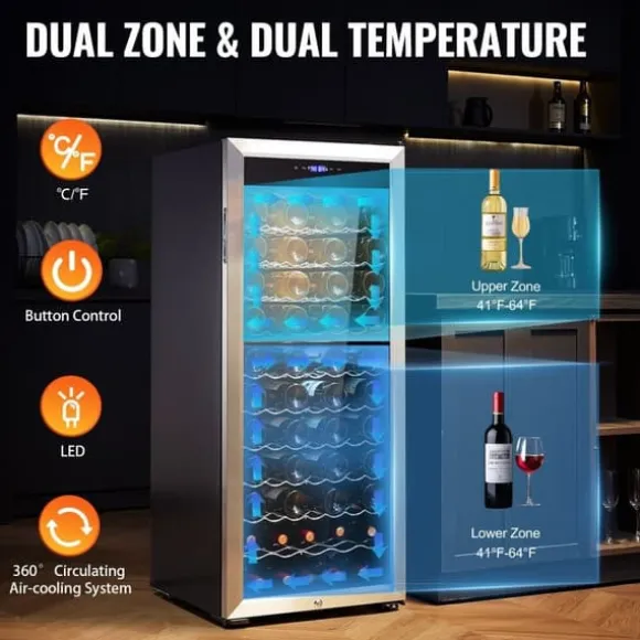 Vinkylare 80 flaskor, Dual Zone, Fristående Kylskåp, LED-ljus, Energisparande, Digital temperaturkontroll