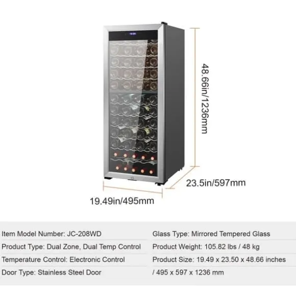 Vinkylare 80 flaskor, Dual Zone, Fristående Kylskåp, LED-ljus, Energisparande, Digital temperaturkontroll