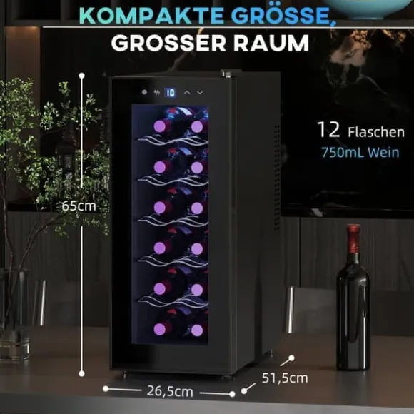 Vinkyl 12 flaskor 30 L 8–18 °C, dubbelt termoelektrisk med glasdörr & LED, touch, svart