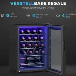 Vinkyl 20 flaskor 53 L, 5–18 °C, kompressor, anti-UV glasdörr, LED, svart