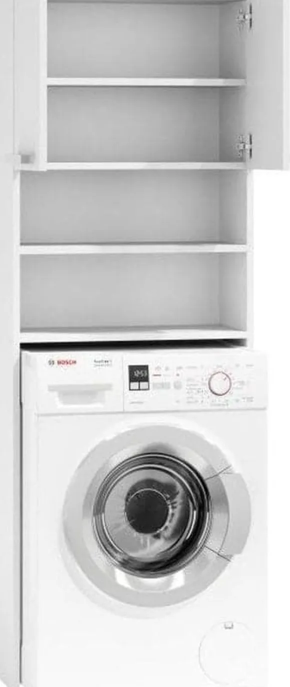 Vit förvaringsskåp över tvättmaskin med 4 hyllor & 2 dörrar