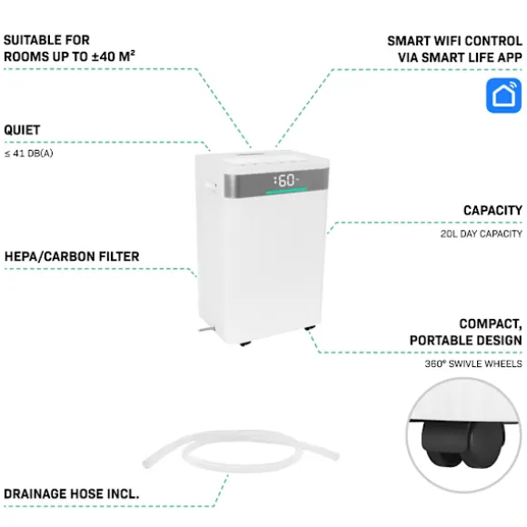 VONROC Avfuktare 20L/dag – WiFi & App | HEPA + Kolfilter | 4,5L Tank | För upp till 40 m²