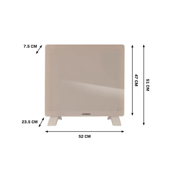 VONROC Elvärmare 1000W – Glaspanel & WiFi | För rum upp till 12 m² | Timer & termostat | Beige