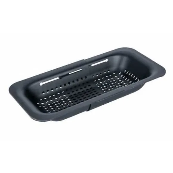 WENKO SIVO Diskbänkssil | Infällbar sil | Utdragbara handtag till placering | Pasta, frukt, grönsaker | 37 till 50 cm | Svart