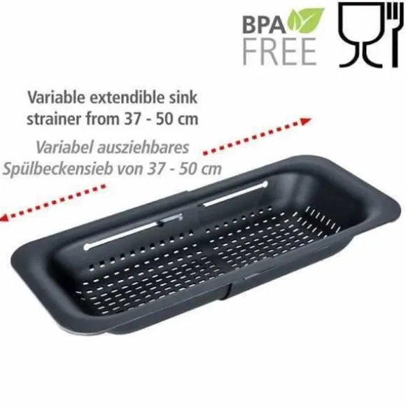 WENKO SIVO Diskbänkssil | Infällbar sil | Utdragbara handtag till placering | Pasta, frukt, grönsaker | 37 till 50 cm | Svart
