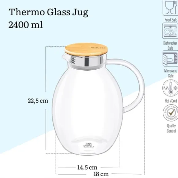Wilmax glaskanna med bambulock 2400 ml | kanna för varma eller kalla drycker | vattenkanna i borosilikatglas | lämplig för gas- eller elektriska spisa | CDON