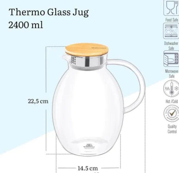 Wilmax vattenkaraff 2,4 L i borosilikatglas, bambulock