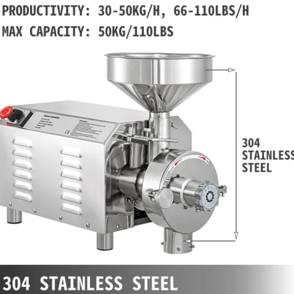 2200W 1500rpm 50kg kapacitet 30-50kg/H elektrisk spannmålskvarn med olika tillbehör, justerbar finhet, med överbelastningsskydd