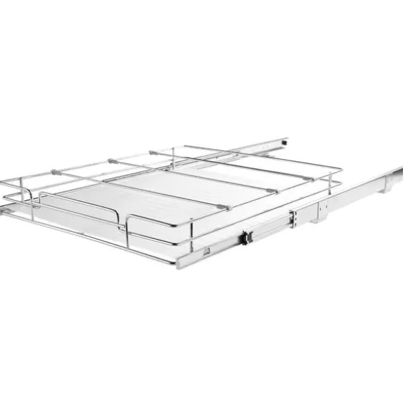 14"W x 21"D utdragbar skåporganisatör, robusta hyllor, kromade lådor, smart förvaring för hemmet, kök och badrum.