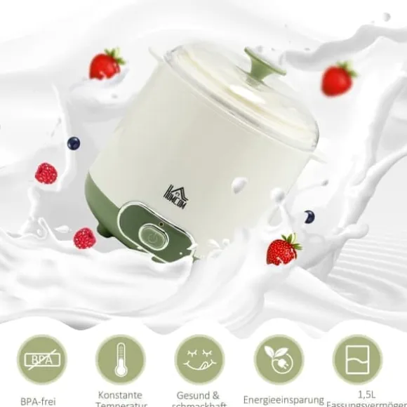 Yoghurtmaskin 1,5 l med 2 glasburkar och sil, 20 W, för grekisk yoghurt, 3–5 personer, vit