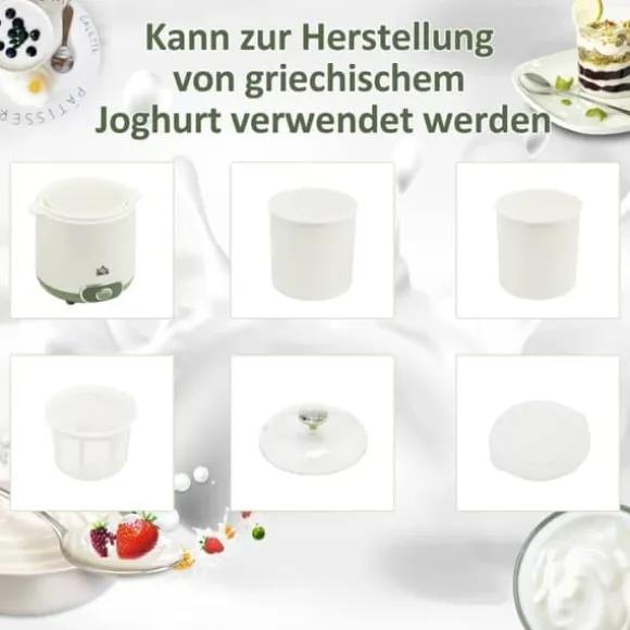 Yoghurtmaskin 1,5 l med 2 glasburkar och sil, 20 W, för grekisk yoghurt, 3–5 personer, vit